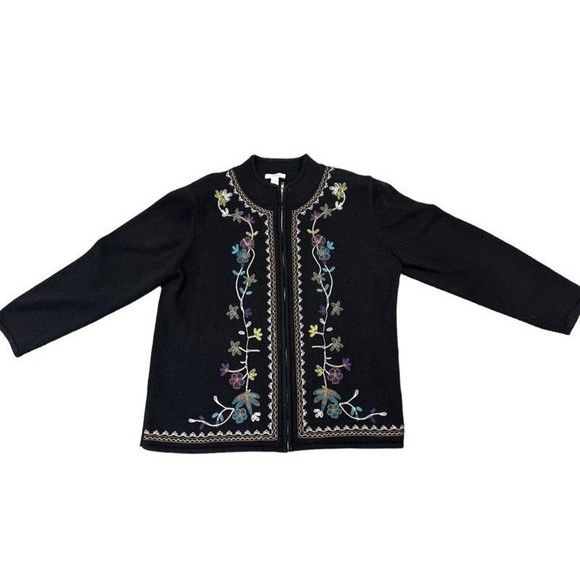 Dress Barn Black Embroidered Floral Long Sleeve Zip Up Cardigan Sweater 18/20 - Picture 3 of 8